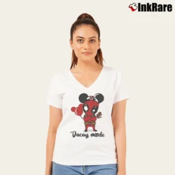 Women’s Deadpool Vacay Mode Marvel Mickey Mouse Balloons V-Neck Tee in white | Chic Neckline, Soft Texture