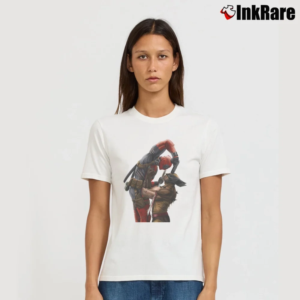 Women’s Deadpool Vs Wolverine Marvel Comics Fighting Signature T-Shirt in white | Soft, Flattering Fit