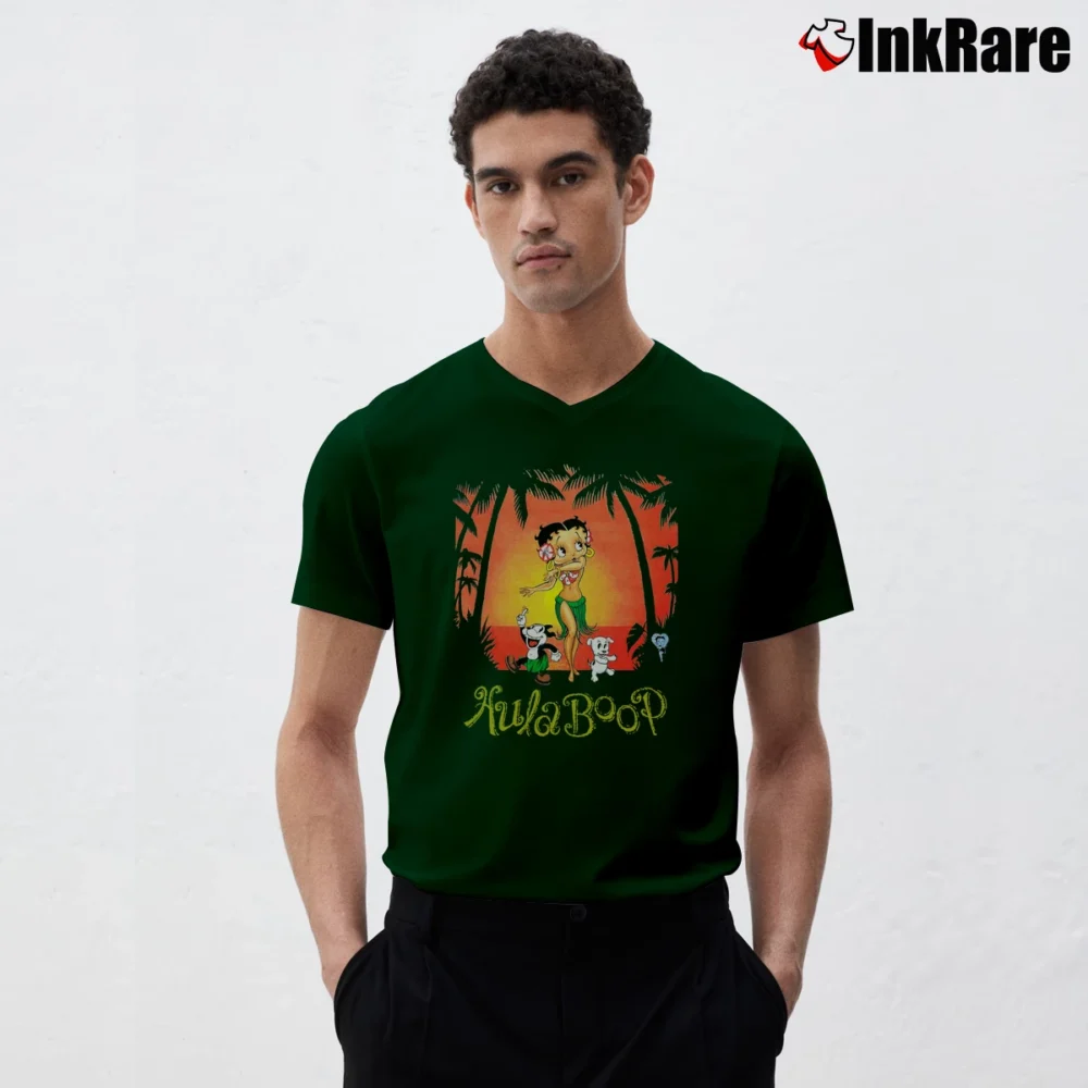 Men’s Deadstock Betty Boop Hula Graphic Cartoon V-Neck Tee in forest green | Sharp, Breathable, Everyday Staple