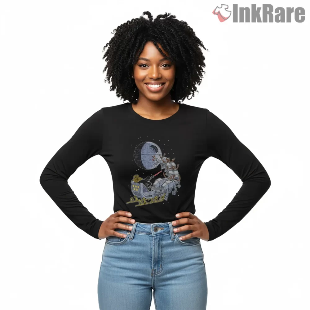 Death Star Holiday Sleigh Mashup Shirt on black long sleeve shirt for women graphic tee