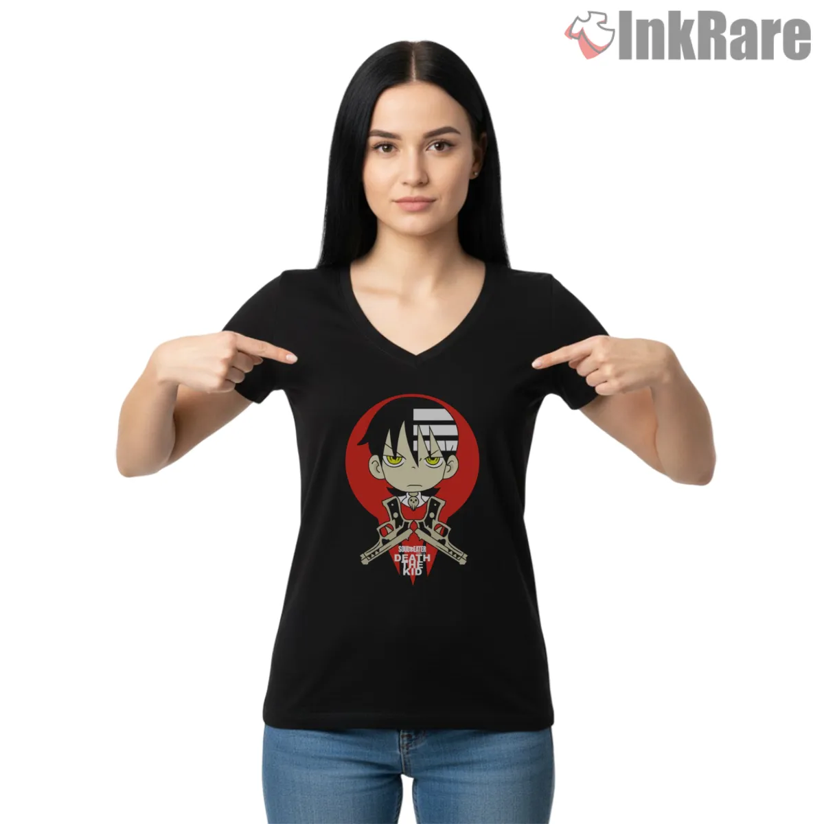Death The Kid Chibi Symmetry Style Anime Shirt on black v-neck shirt for women graphic tee