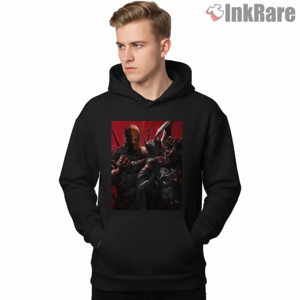 Deathstroke Versus Batman Brutal Duel Shirt on black hoodie for men graphic tee