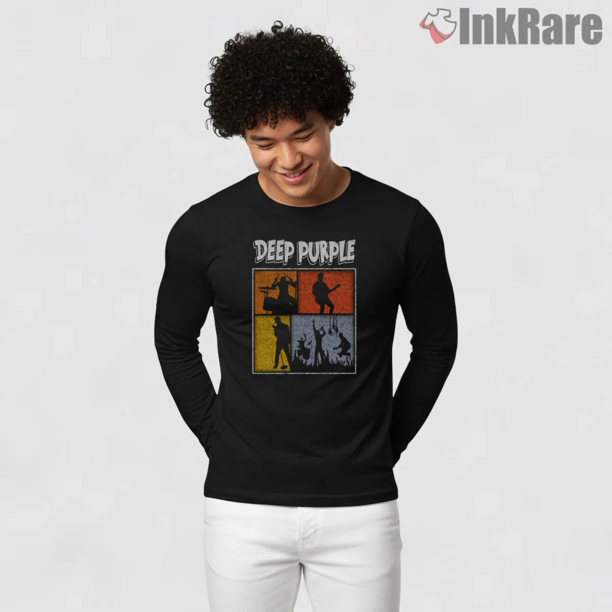 Deep Purple Comic Panel Performance Shirt on black long sleeve shirt for men graphic tee