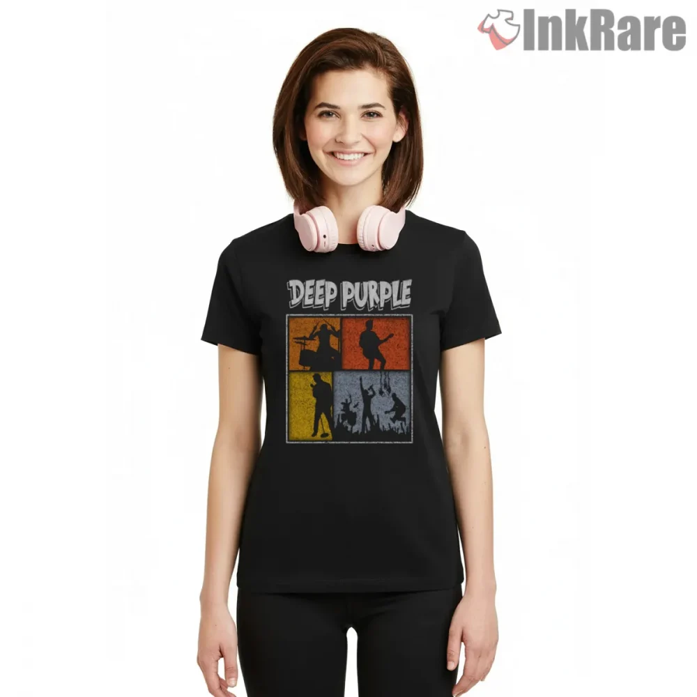 Deep Purple Comic Panel Performance Shirt on black short sleeve shirt for women graphic tee