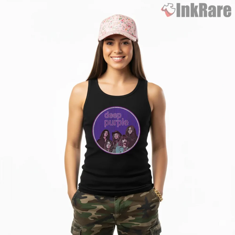 Deep Purple Distressed Circle Portrait Shirt on black tank top for women graphic tee