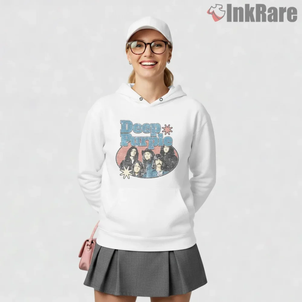 Deep Purple Distressed Classic Rock Portrait Shirt on white hoodie for women graphic tee