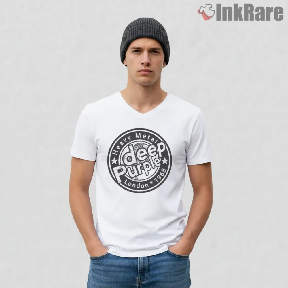Deep Purple Heavy Metal London Crest Shirt on white v-neck shirt for men graphic tee