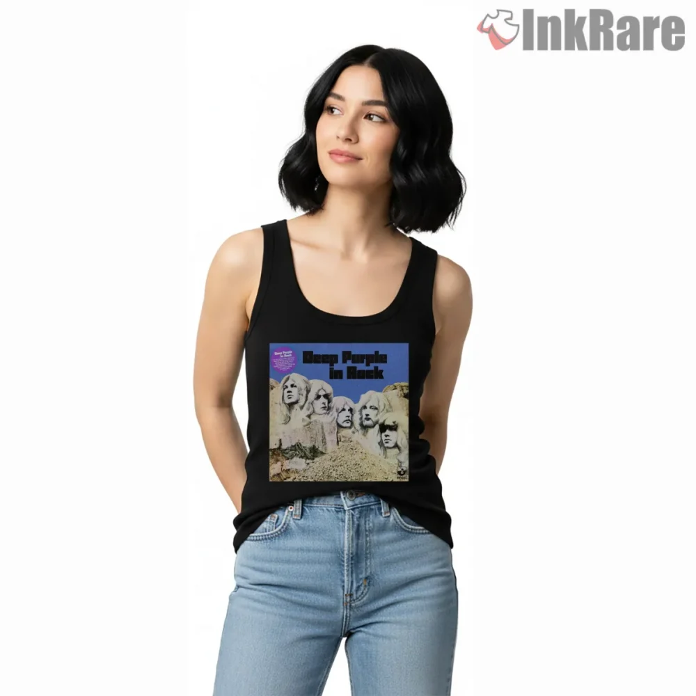 Deep Purple In Rock Album Tribute Shirt on black tank top for women graphic tee