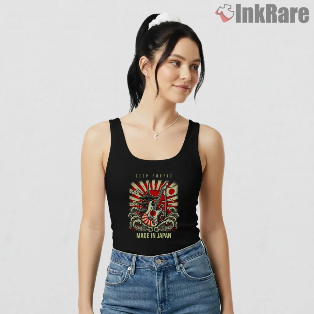Deep Purple Made In Japan Rising Sun Shirt on black tank top for women graphic tee
