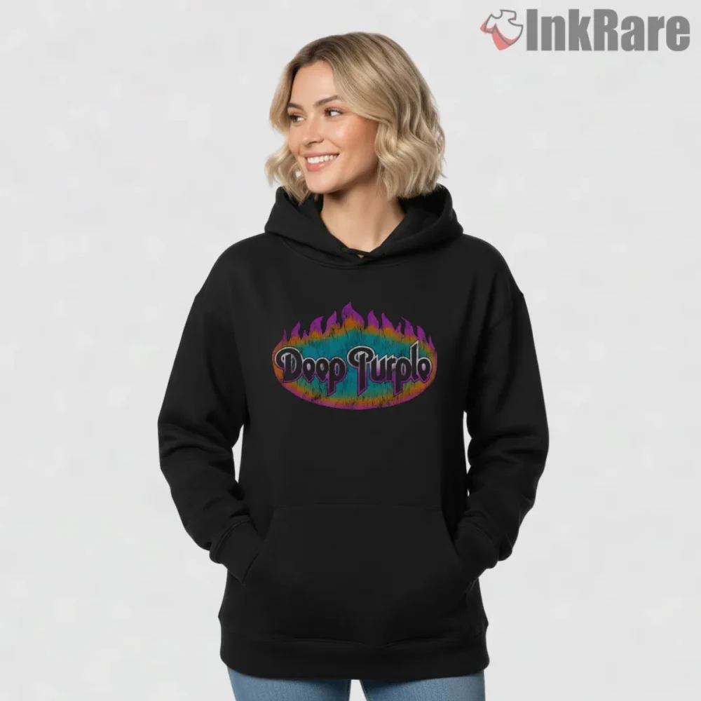 Deep Purple Neon Flame Retro Logo Shirt on black hoodie for women graphic tee
