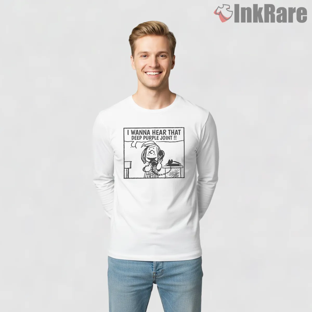 Deep Purple Peanuts Comic Crossover Shirt on white long sleeve shirt for men graphic tee