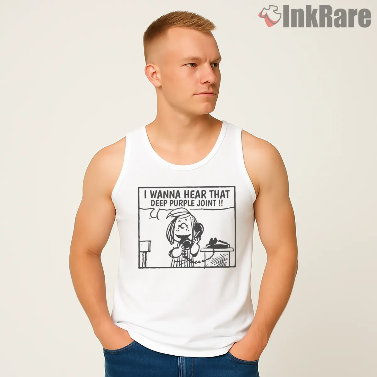 Deep Purple Peanuts Comic Crossover Tank Top White Deep Purple Peanuts Comic Crossover Shirt on white tank top for men graphic tee