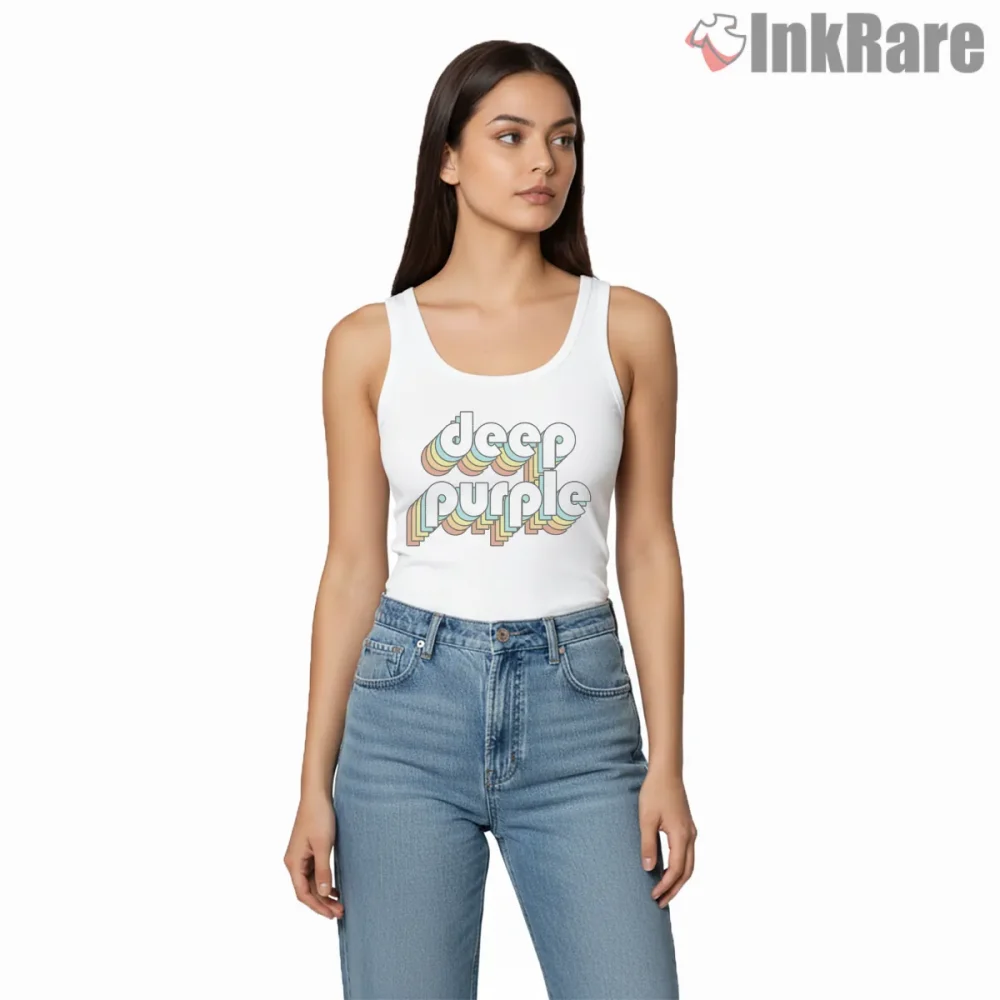 Deep Purple Seventies Bubble Typography Shirt on white tank top for women graphic tee