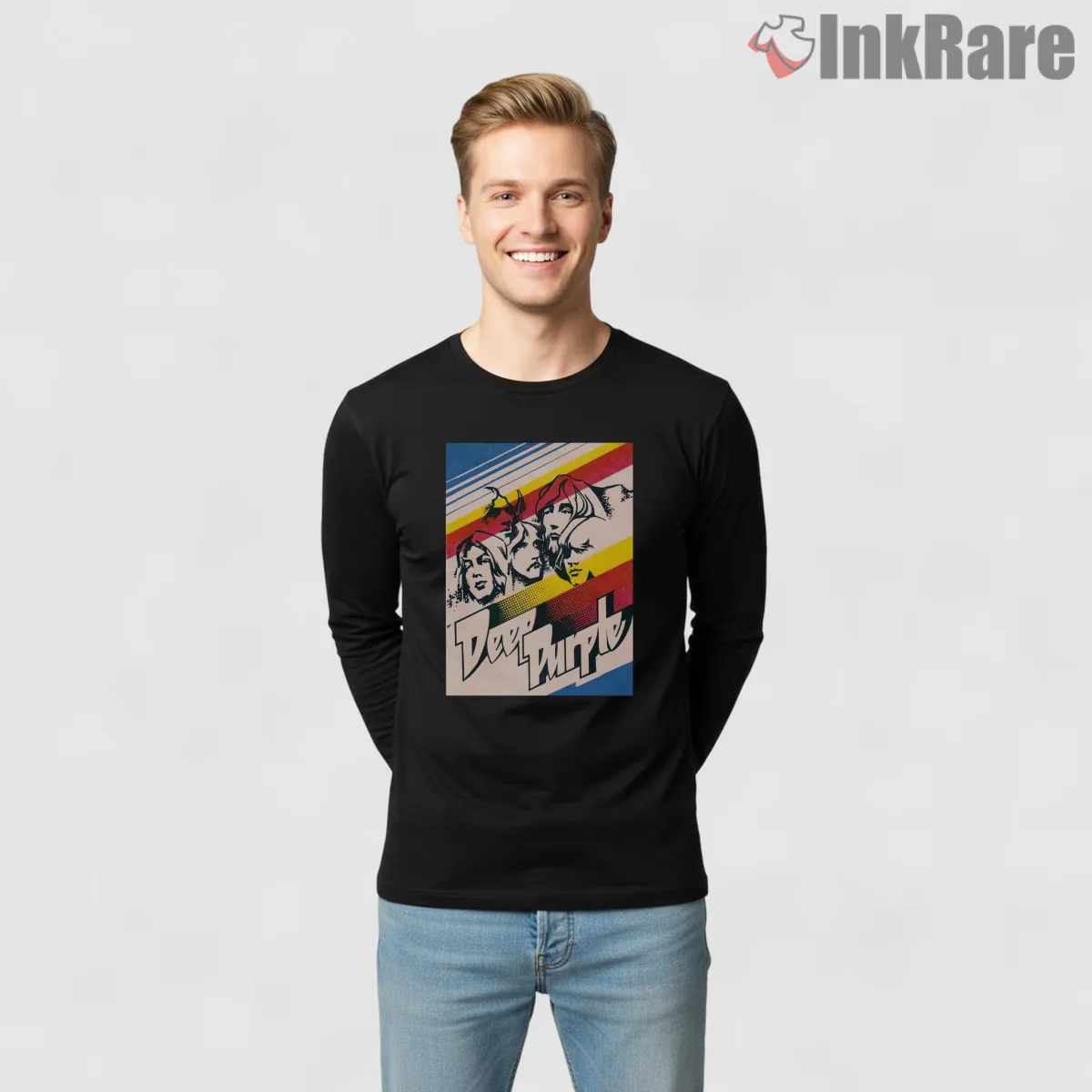 Deep Purple Seventies Stripe Portrait Shirt on black long sleeve shirt for men graphic tee