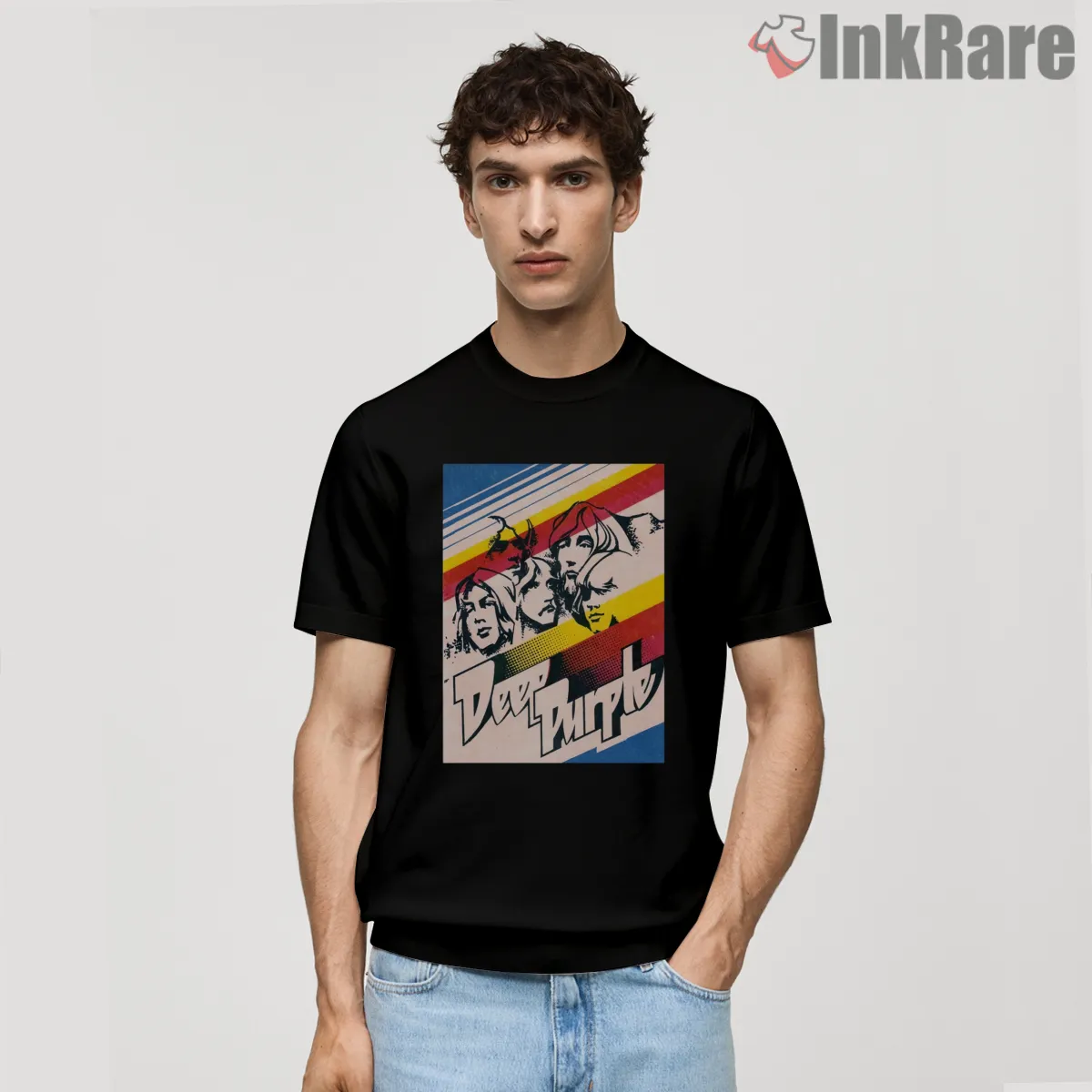 Deep Purple Seventies Stripe Portrait Short Sleeve Black Deep Purple Seventies Stripe Portrait Shirt on black short sleeve shirt for men graphic tee