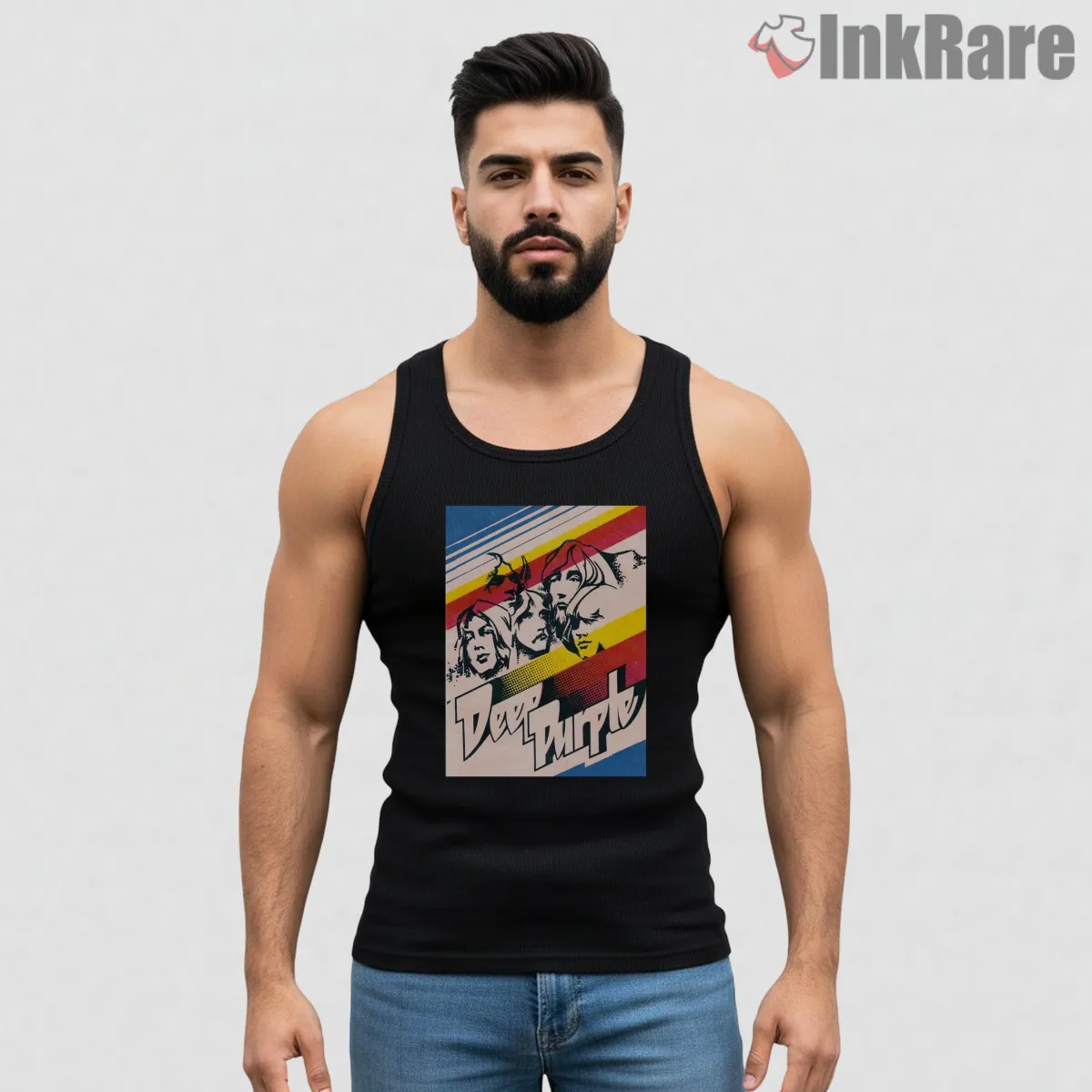 Deep Purple Seventies Stripe Portrait Tank Top Black Deep Purple Seventies Stripe Portrait Shirt on black tank top for men graphic tee
