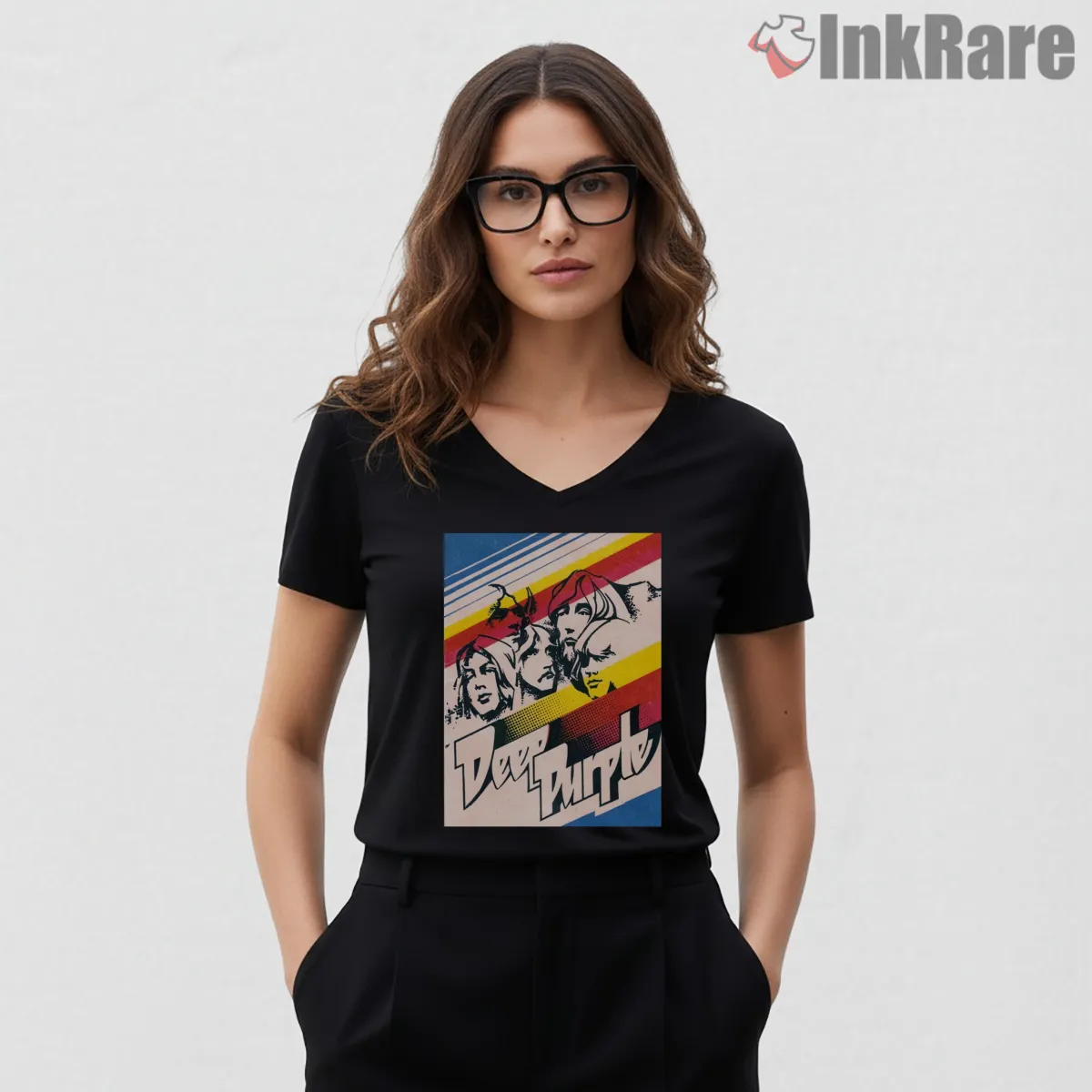 Deep Purple Seventies Stripe Portrait V Neck Black Deep Purple Seventies Stripe Portrait Shirt on black v-neck shirt for women graphic tee