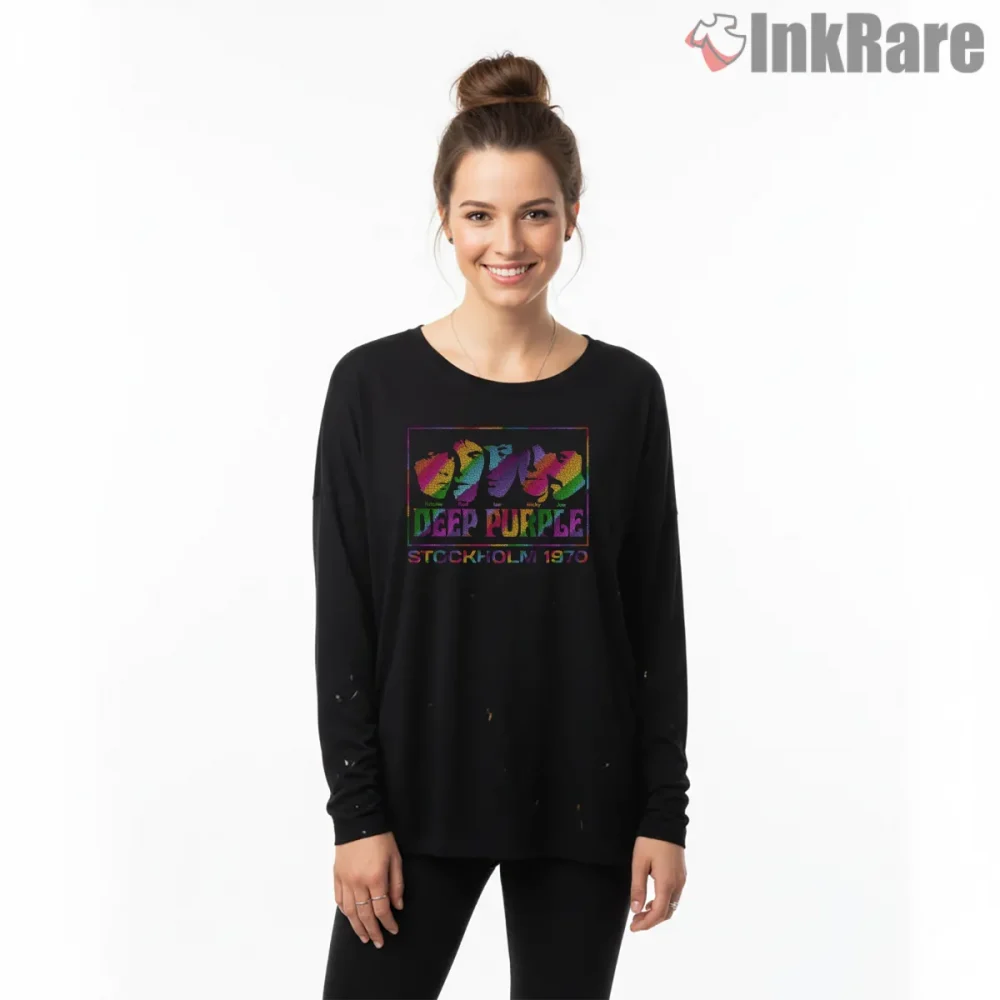 Deep Purple Stockholm 1970 Pop Art Shirt on black long sleeve shirt for women graphic tee