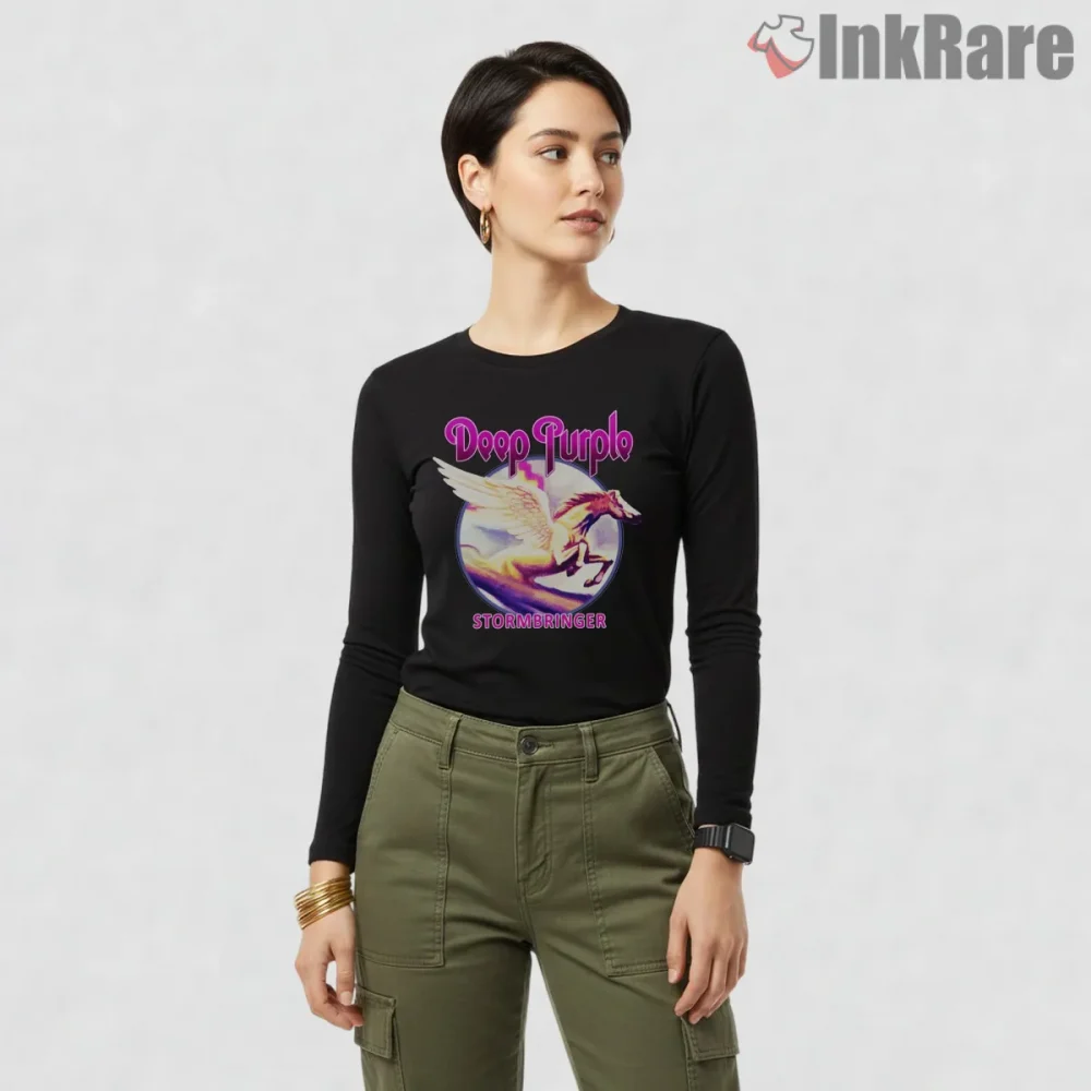 Deep Purple Stormbringer Pegasus Shirt on black long sleeve shirt for women graphic tee