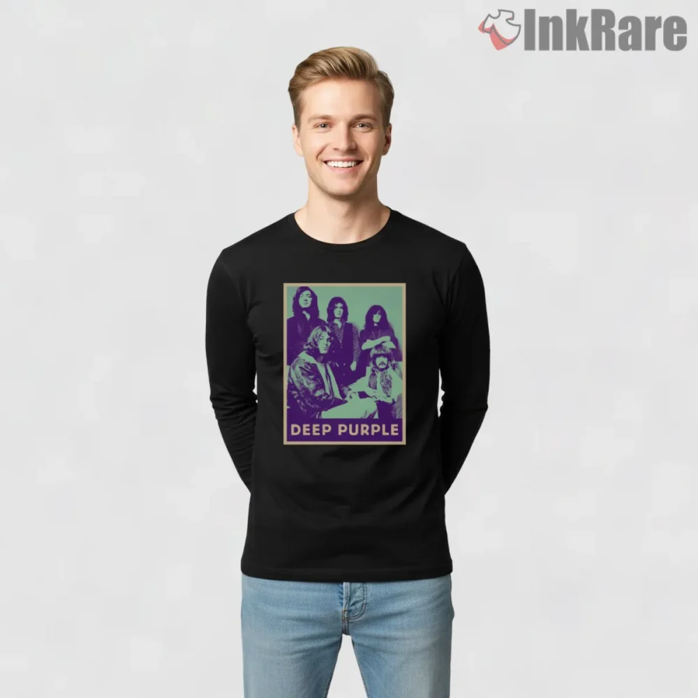 Deep Purple Vintage Band Poster Shirt on black long sleeve shirt for men graphic tee
