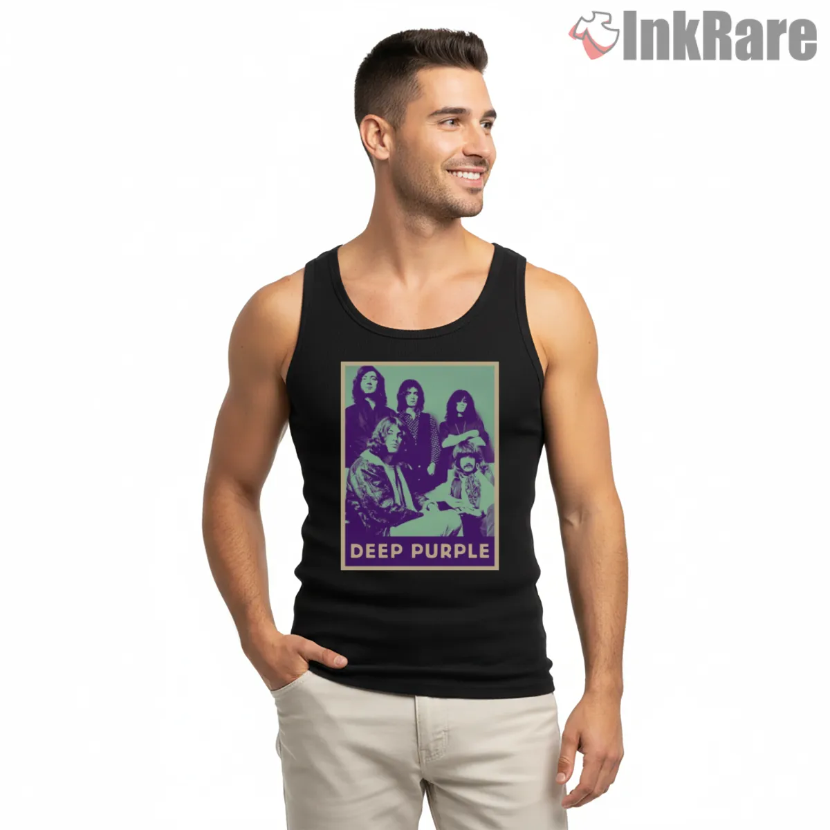 Deep Purple Vintage Band Poster Shirt on black tank top for men graphic tee