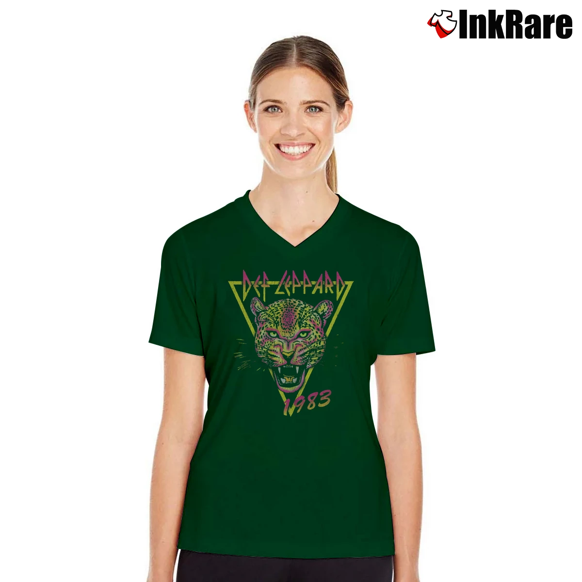 Def Leppard Neon Cat Rock Band 1980s Concert Style Women’s V-Neck Tee in forest green – Flattering Fit Women’s Def Leppard Neon Cat Rock Band 1980s Concert Style V-Neck Tee in forest green | Chic Neckline, Soft Texture