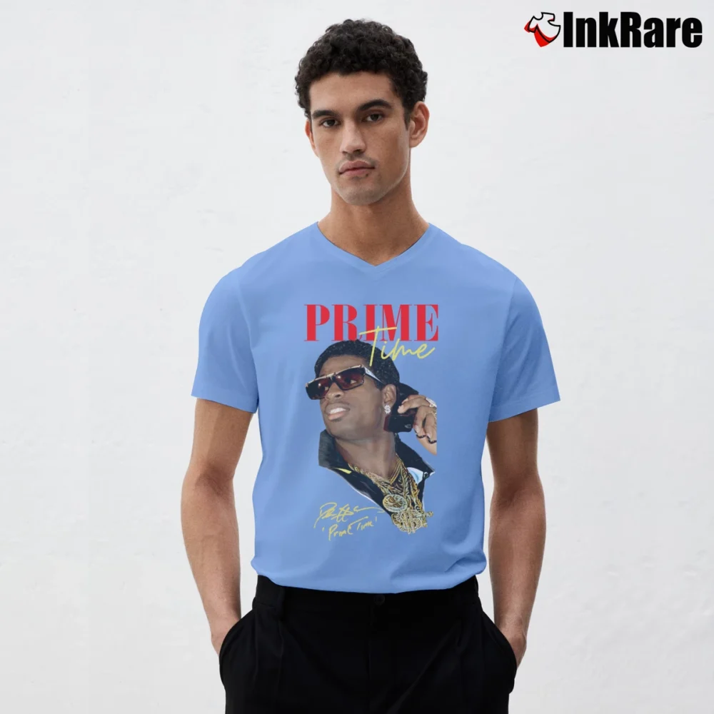 Men’s Deion Sanders Prime Time for Football and Baseball Fans V-Neck Tee in light blue | Sharp, Breathable, Everyday Staple