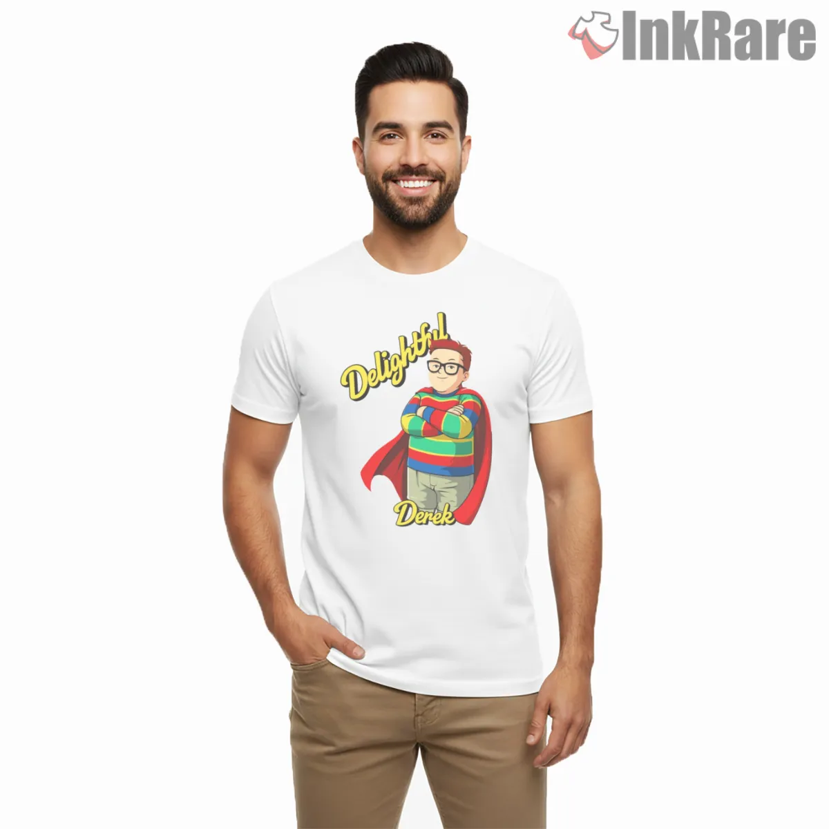 Delightful Derek Retro Cartoon Superhero Short Sleeve White Delightful Derek Retro Cartoon Superhero Shirt on white short sleeve shirt for men graphic tee