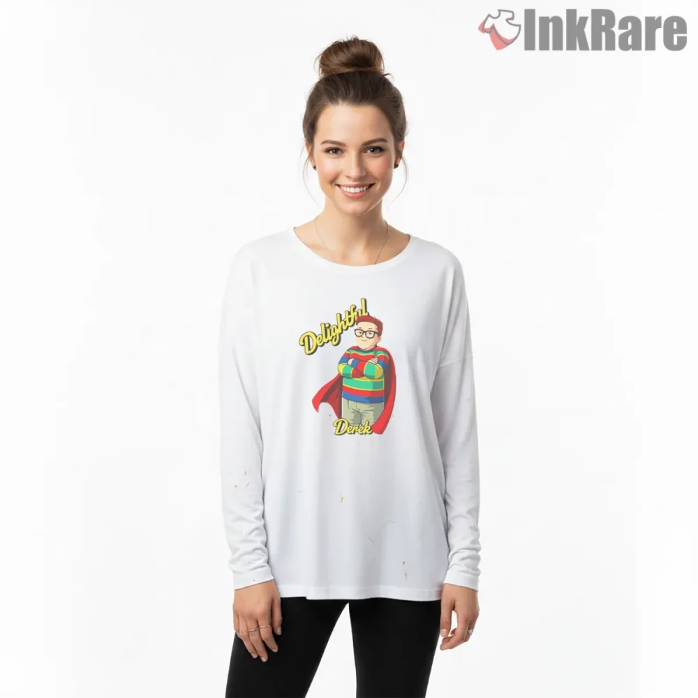 Delightful Derek Retro Cartoon Superhero Shirt on white long sleeve shirt for women graphic tee