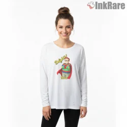 Delightful Derek Retro Cartoon Superhero Shirt on white long sleeve shirt for women graphic tee