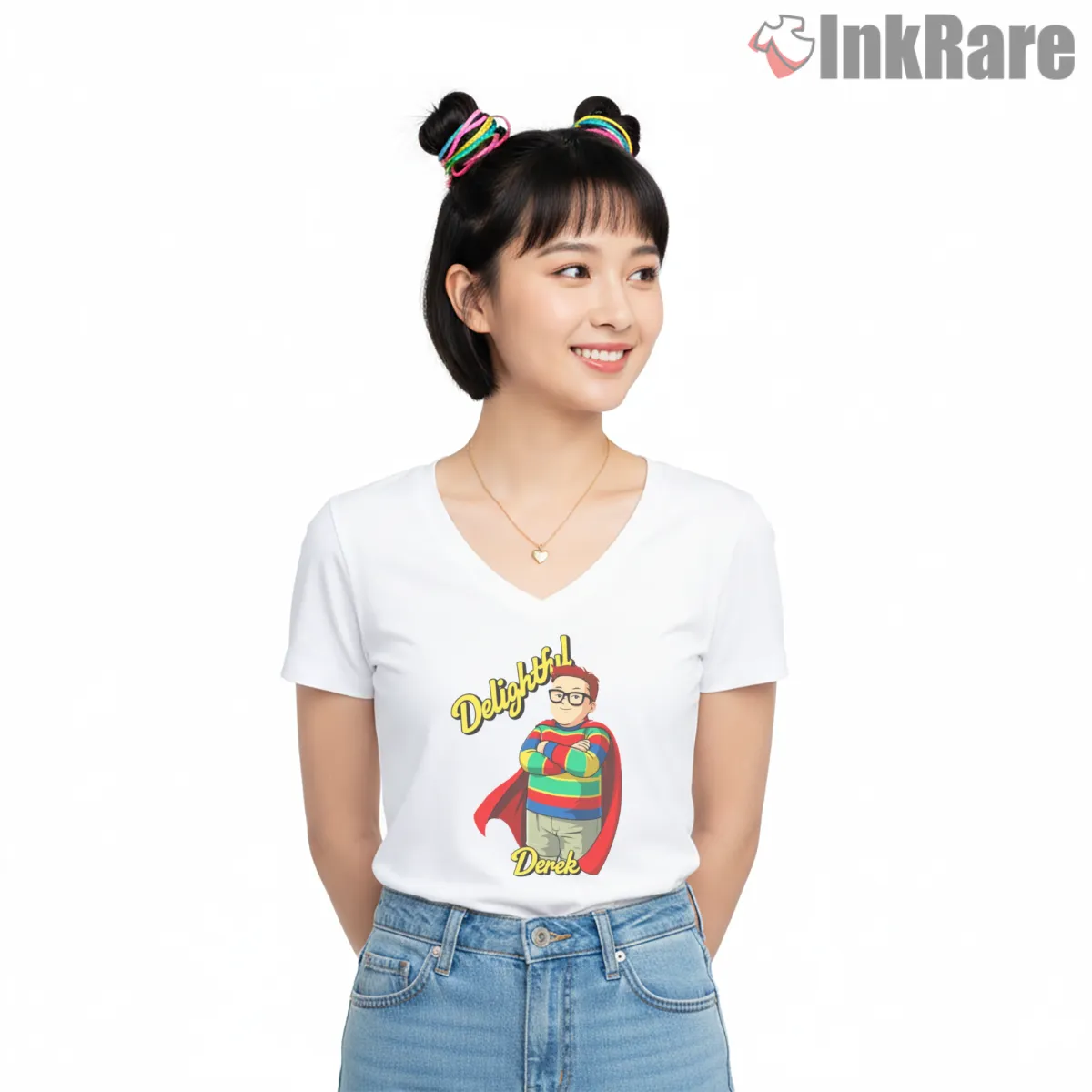 Delightful Derek Retro Cartoon Superhero V Neck White Delightful Derek Retro Cartoon Superhero Shirt on white v-neck shirt for women graphic tee