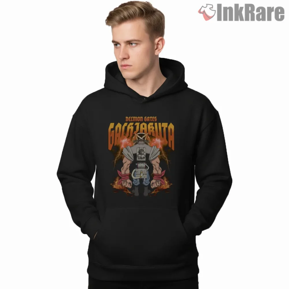 Delmon Back View Lightning Power Gachiakuta Shirt on black hoodie for men graphic tee