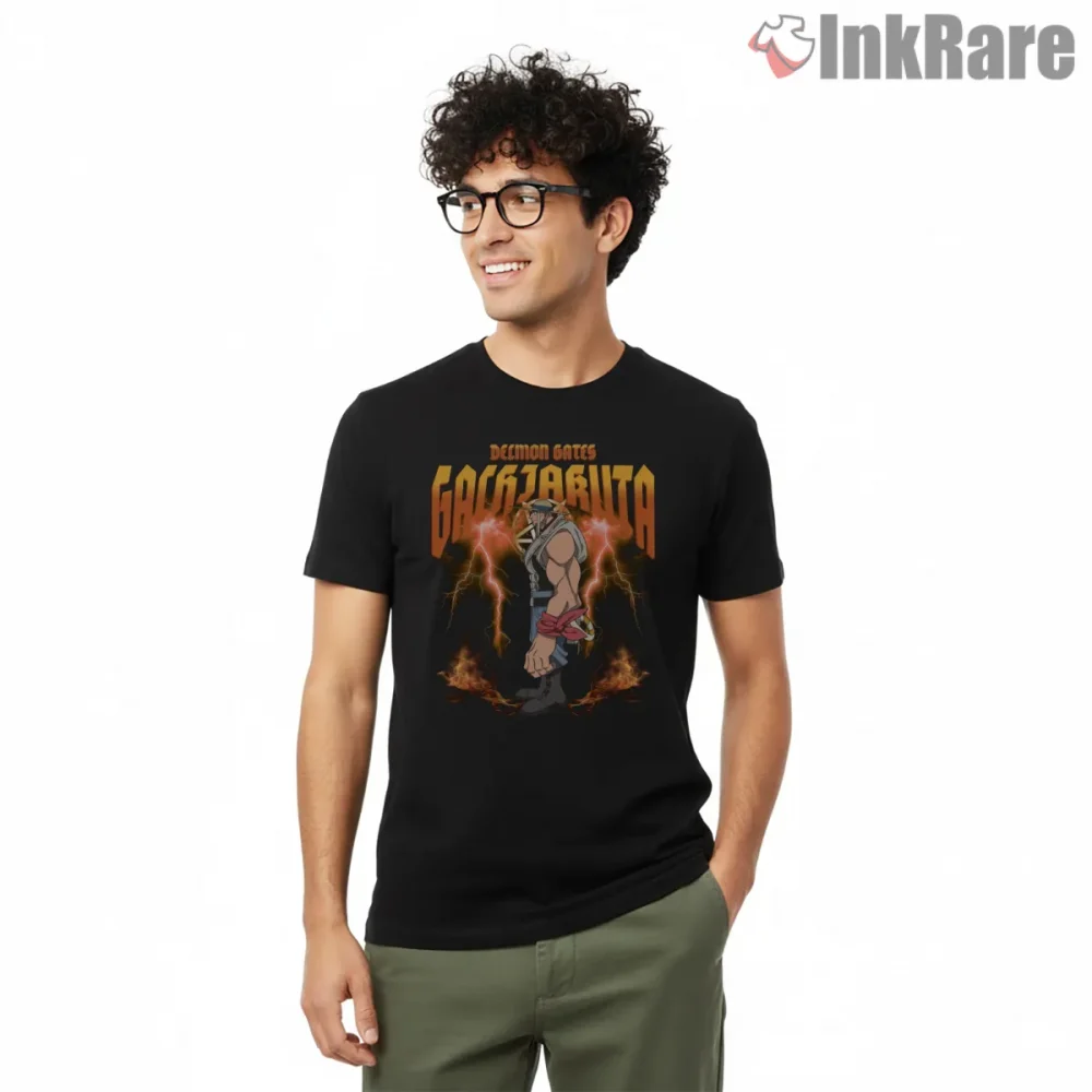 Delmon Lightning Aura Side Profile Anime Shirt on black short sleeve shirt for men graphic tee