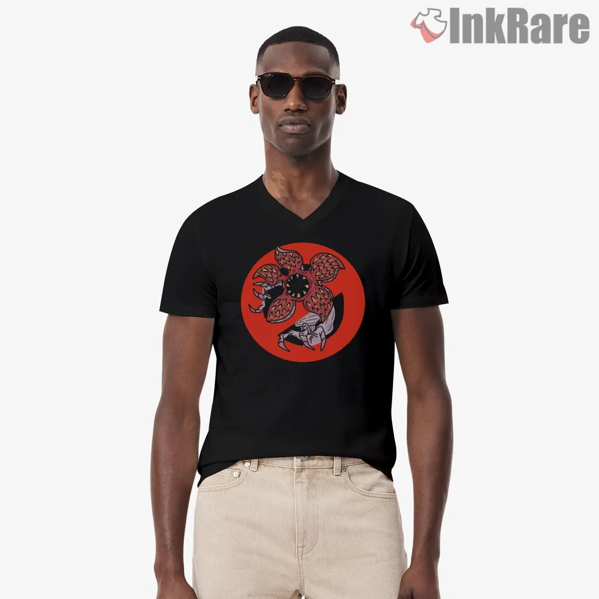 Demobusters Retro Monster Hunting Squad Shirt on black v-neck shirt for men graphic tee