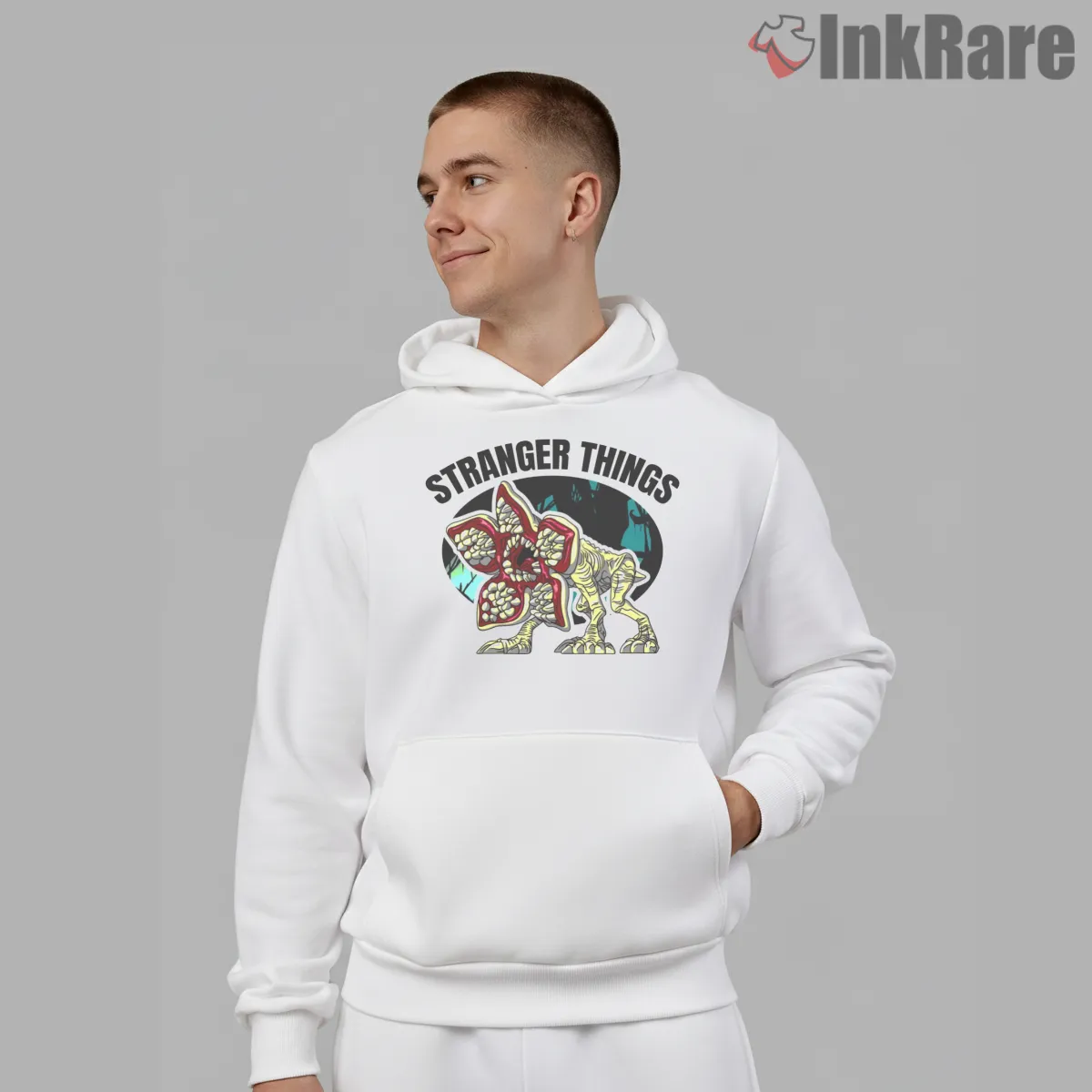 Demogorgon Creature Graphic Stranger Things Shirt on white hoodie for men graphic tee