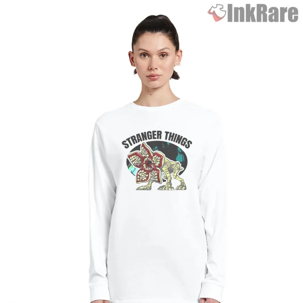 Demogorgon Creature Graphic Stranger Things Shirt on white long sleeve shirt for women graphic tee