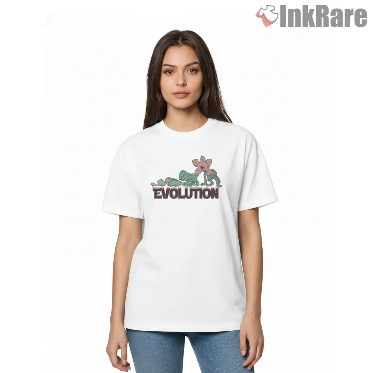 Demogorgon Evolution Upside Down Creature Short Sleeve White Demogorgon Evolution Upside Down Creature Shirt on white short sleeve shirt for women graphic tee