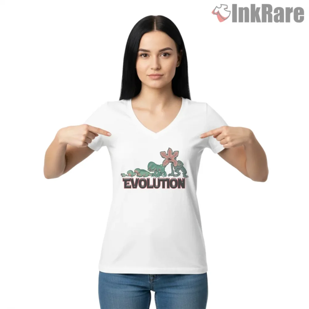 Demogorgon Evolution Upside Down Creature Shirt on white v-neck shirt for women graphic tee
