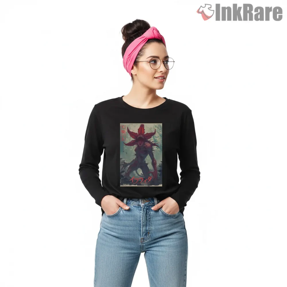 Demogorgon Manga Style Horror Creature Shirt on black long sleeve shirt for women graphic tee