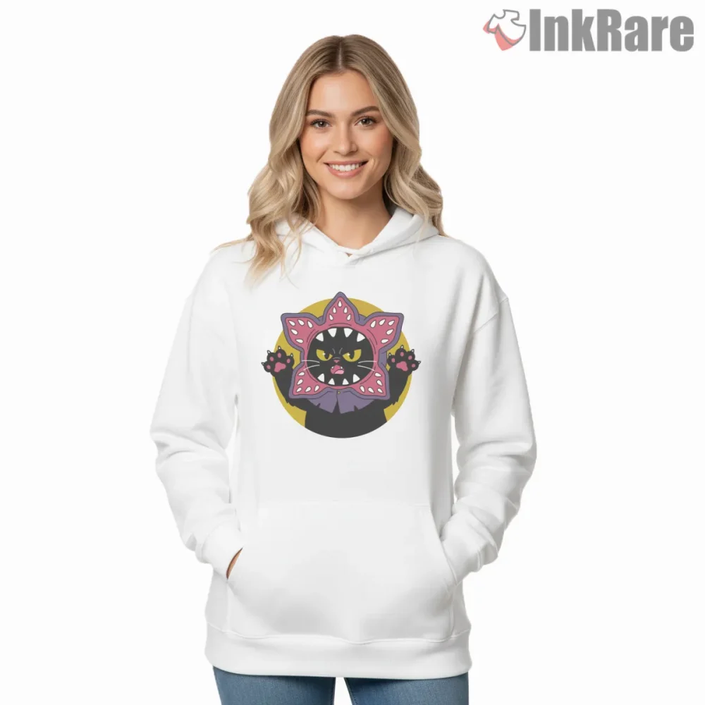Demomeowgon Cat Demogorgon Costume Parody Shirt on white hoodie for women graphic tee