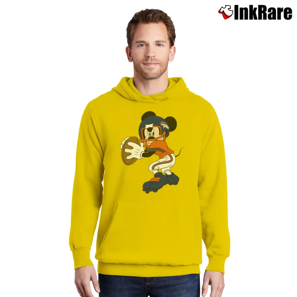 Men’s Denver Broncos Football Mickey Mouse Disney Pullover Hoodie in yellow | Cozy, Durable, Modern Fit