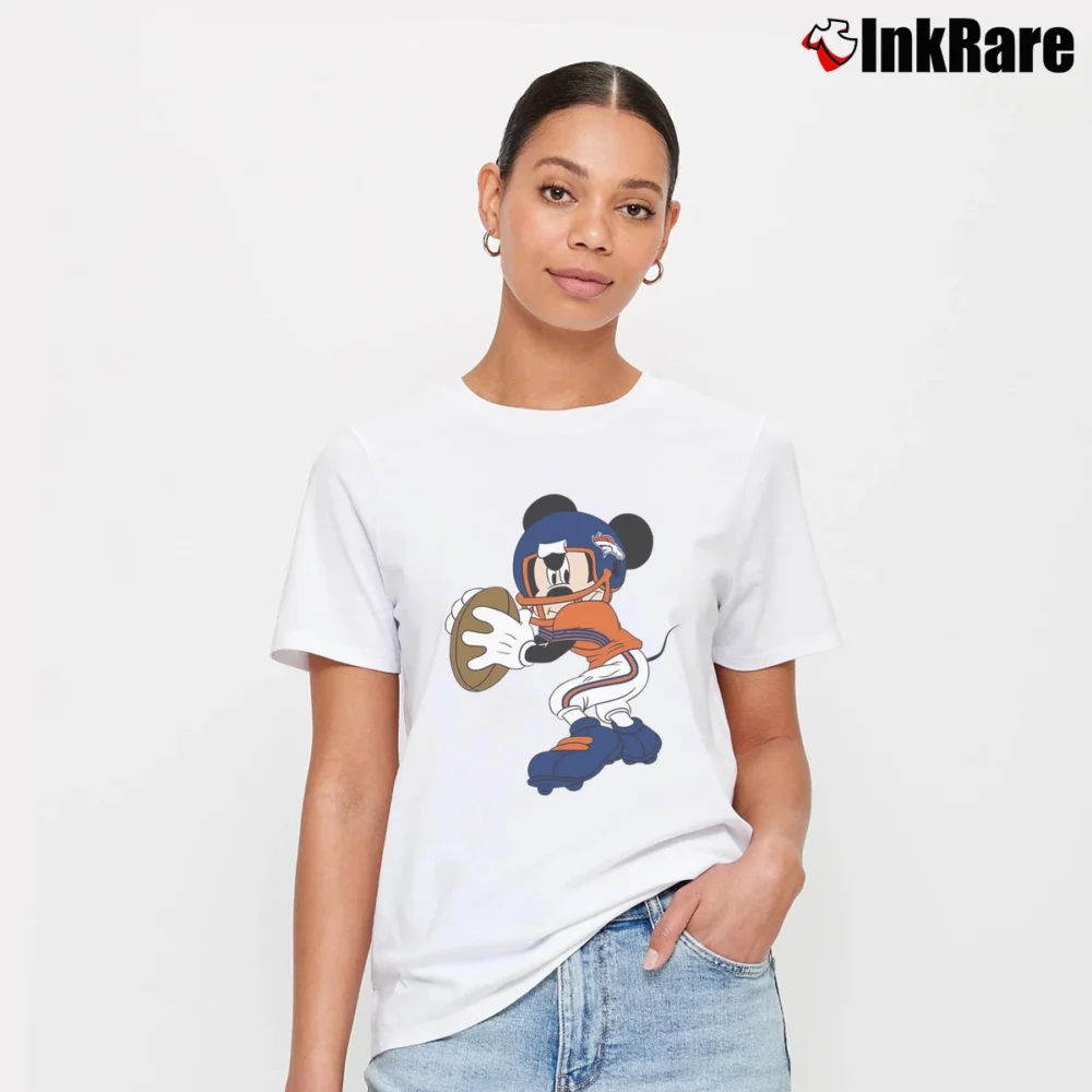 Women’s Denver Broncos Football Mickey Mouse Disney Signature T-Shirt in white | Soft, Flattering Fit
