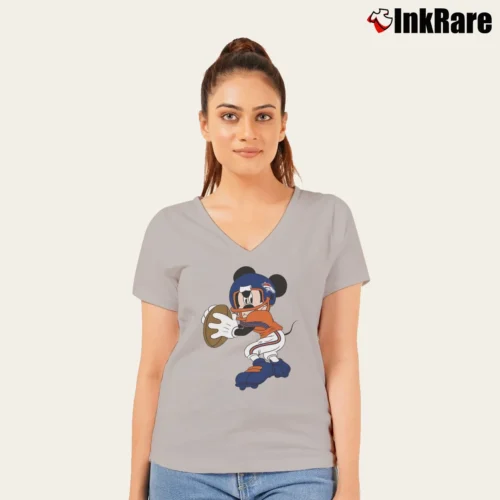 Denver Broncos Football Mickey Mouse Disney Women’s V-Neck Tee in sport grey – Flattering Fit Women’s Denver Broncos Football Mickey Mouse Disney V-Neck Tee in sport grey | Chic Neckline, Soft Texture