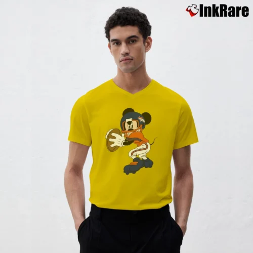 Denver Broncos Football Mickey Mouse Disney Men’s V-Neck Tee in yellow – Modern Essential Men’s Denver Broncos Football Mickey Mouse Disney V-Neck Tee in yellow | Sharp, Breathable, Everyday Staple