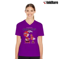 Women’s Denver Broncos Snoopy Charlie Brown Woodstock V-Neck Tee in purple | Chic Neckline, Soft Texture