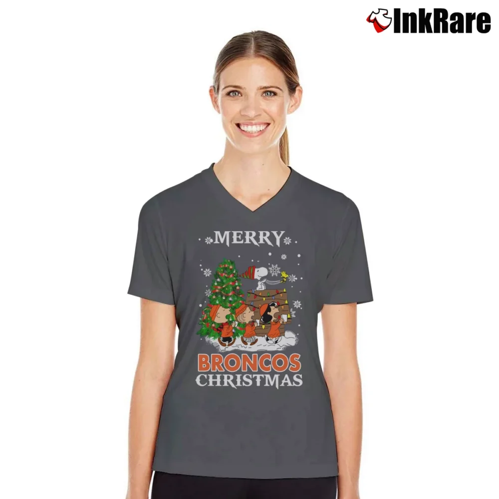 Women’s Denver Broncos Snoopy Christmas Ugly V-Neck Tee in charcoal | Chic Neckline, Soft Texture