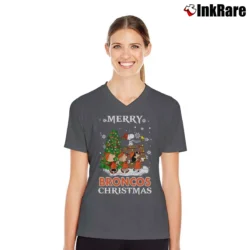 Women’s Denver Broncos Snoopy Christmas Ugly V-Neck Tee in charcoal | Chic Neckline, Soft Texture