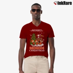 Men’s Denver Broncos Snoopy Christmas Ugly V-Neck Tee in maroon | Sharp, Breathable, Everyday Staple