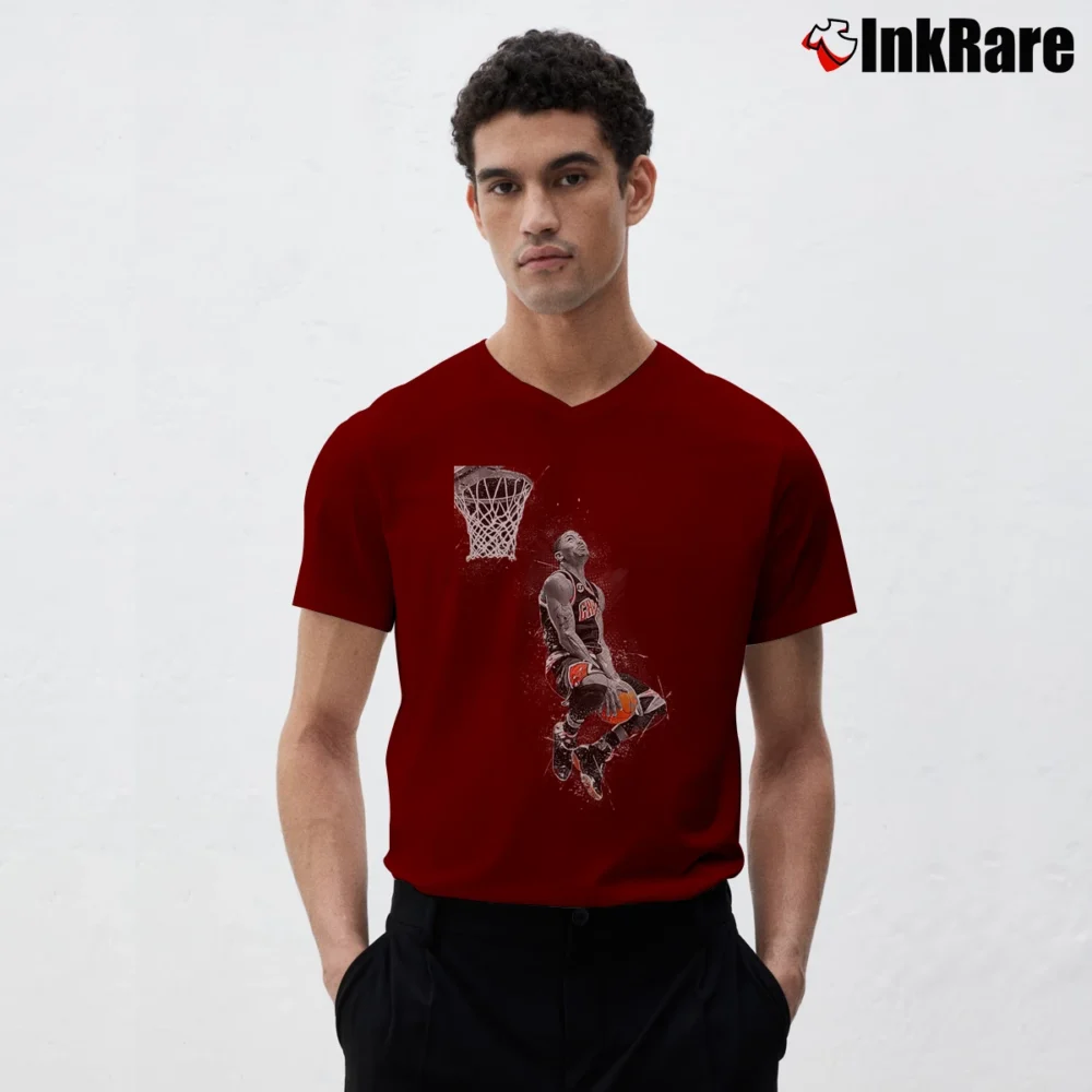 Men’s Derrick Rose Basketball Dunk for NBA Fans V-Neck Tee in maroon | Sharp, Breathable, Everyday Staple