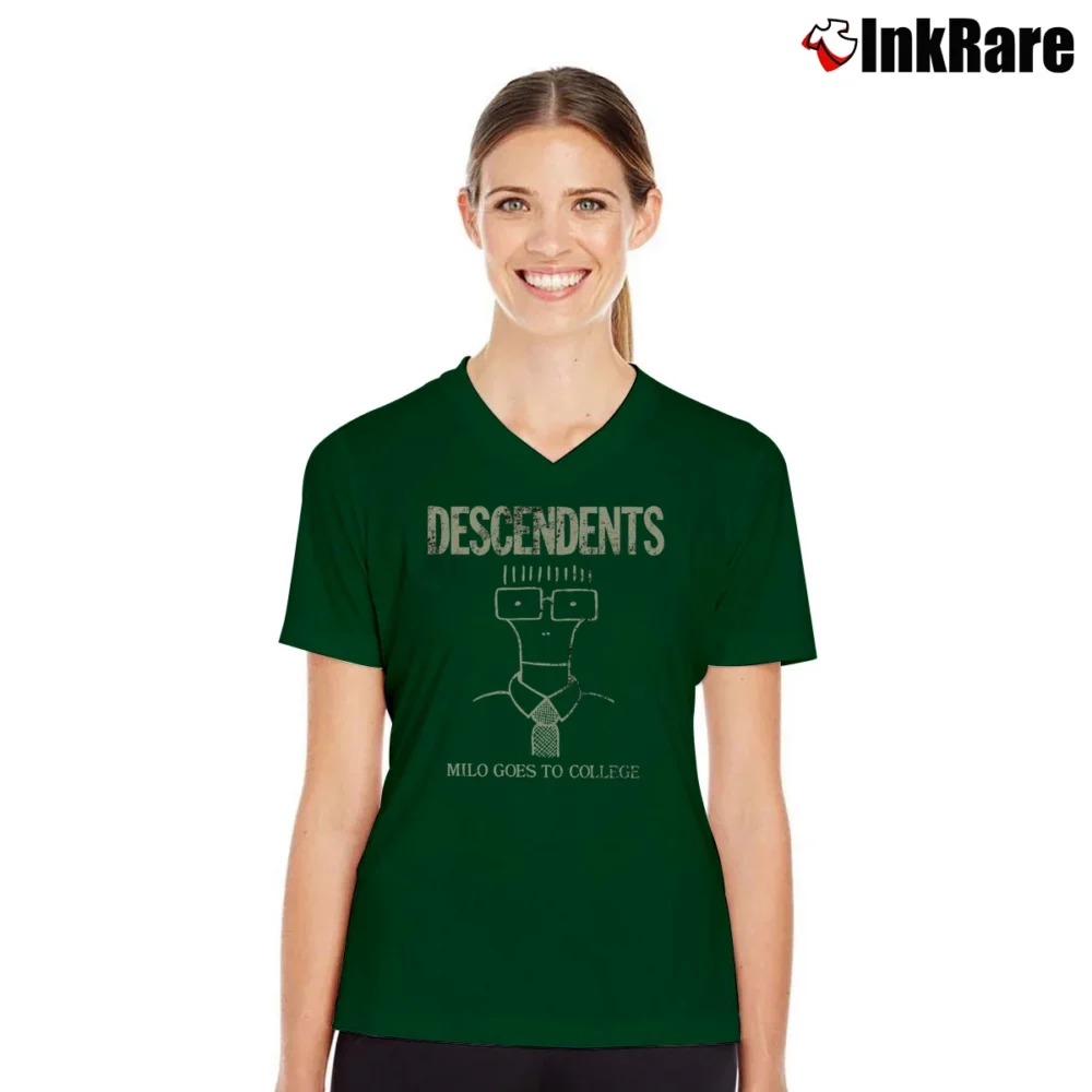 Women’s Descendents Milo Goes To College V-Neck Tee in forest green | Chic Neckline, Soft Texture